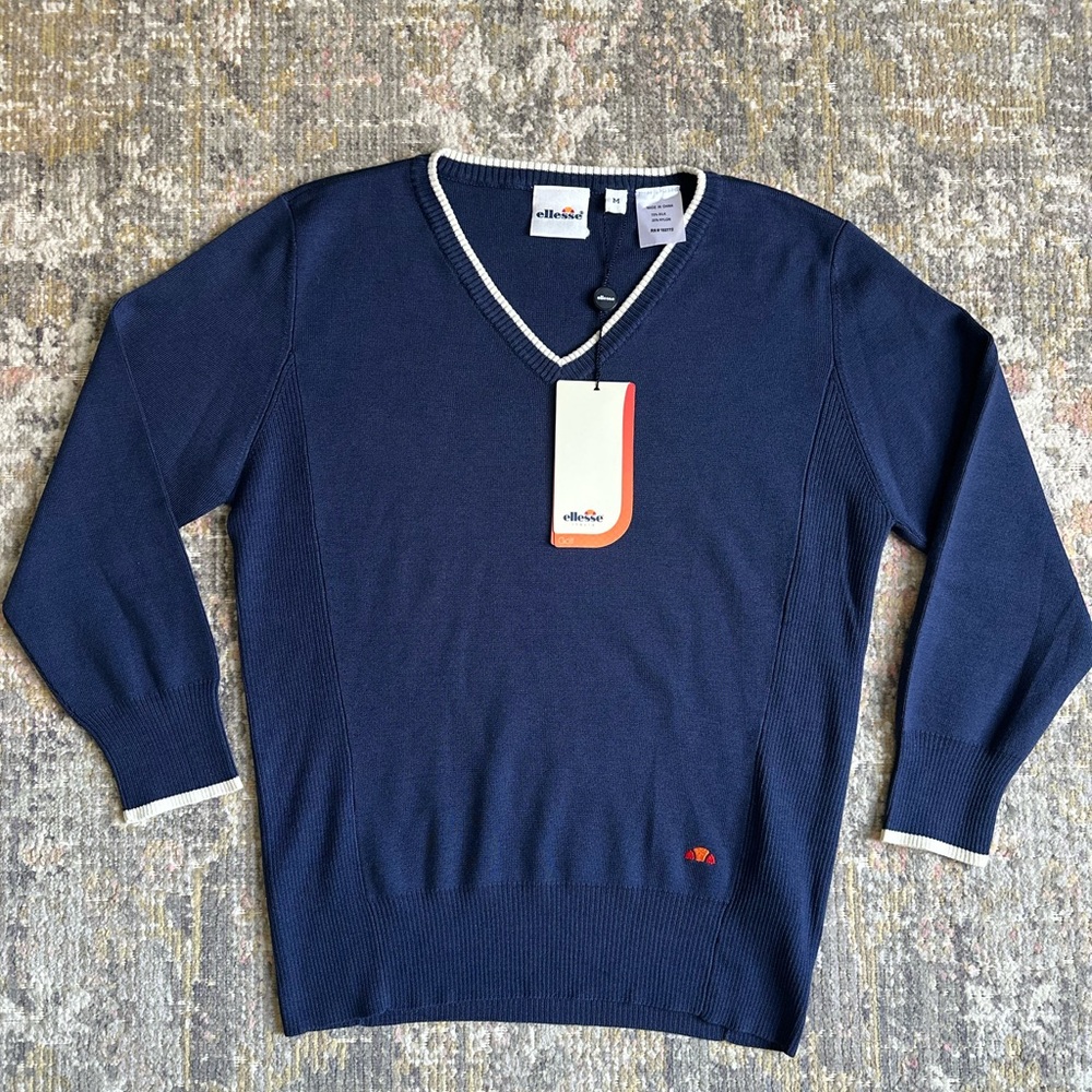 Ellesse Silk Navy Blue V Neck Sweater White Trim Size Medium Tennis Golf